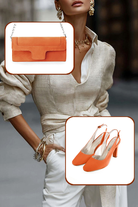 Dress slingback heels in clementine orange with kitten heels and round toe - Worn view